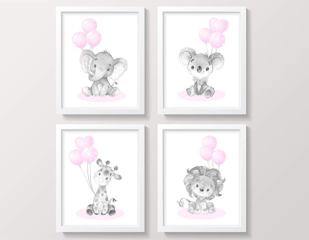 Baby Girl Nursery Art, Elephant Giraffe Lion Koala, Animals Nursery ...