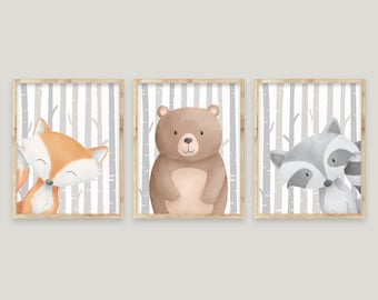 Woodland Nursery Wall Decor, Woodland Animals Wall Decor, Bear Fox Raccoon, Baby Boy Nursery Decor, Forest Animals Art, Rustic Baby Room Art