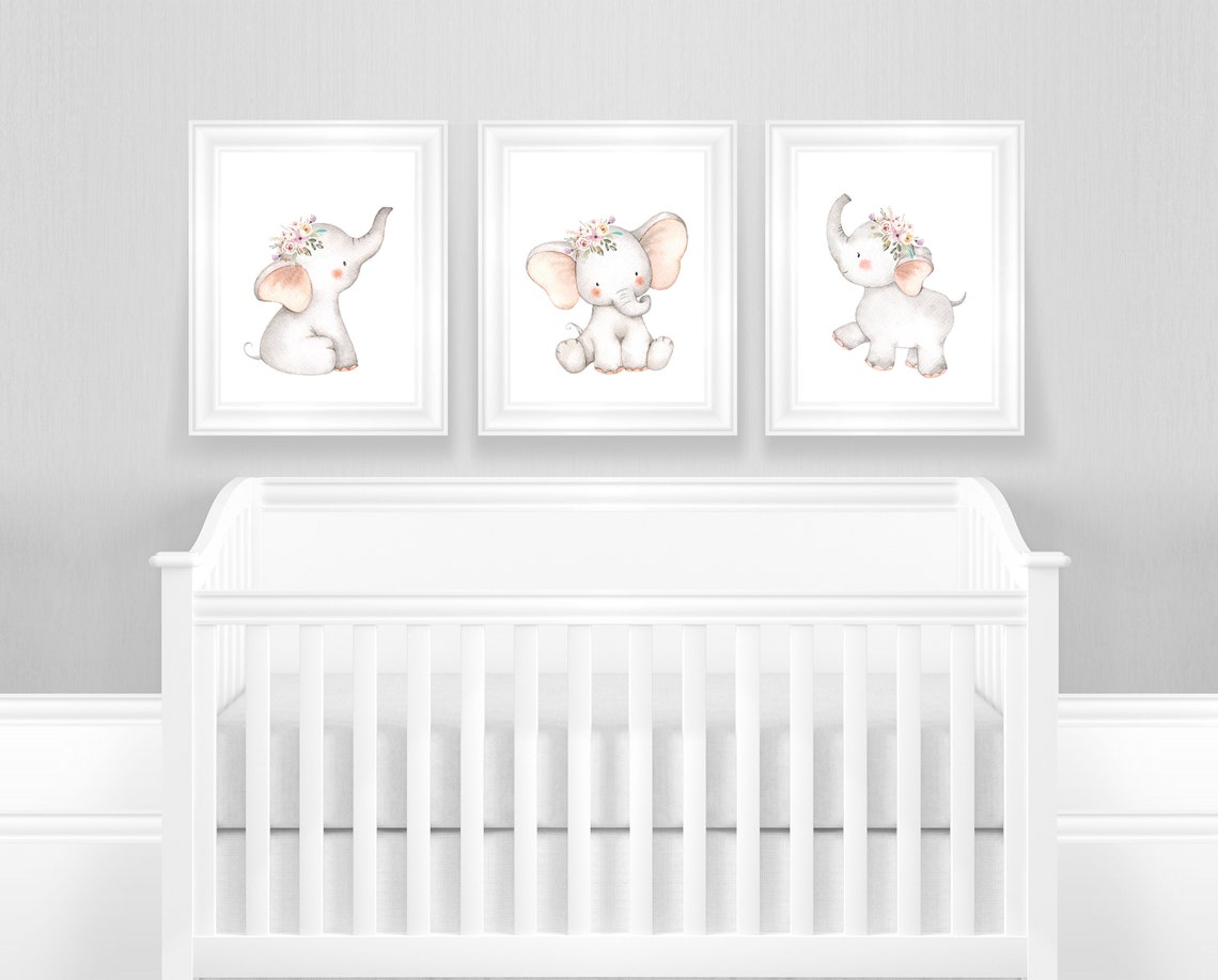Set of 3 Baby Elephants Nursery Wall Decor, Baby Girl Nursery Decor ...