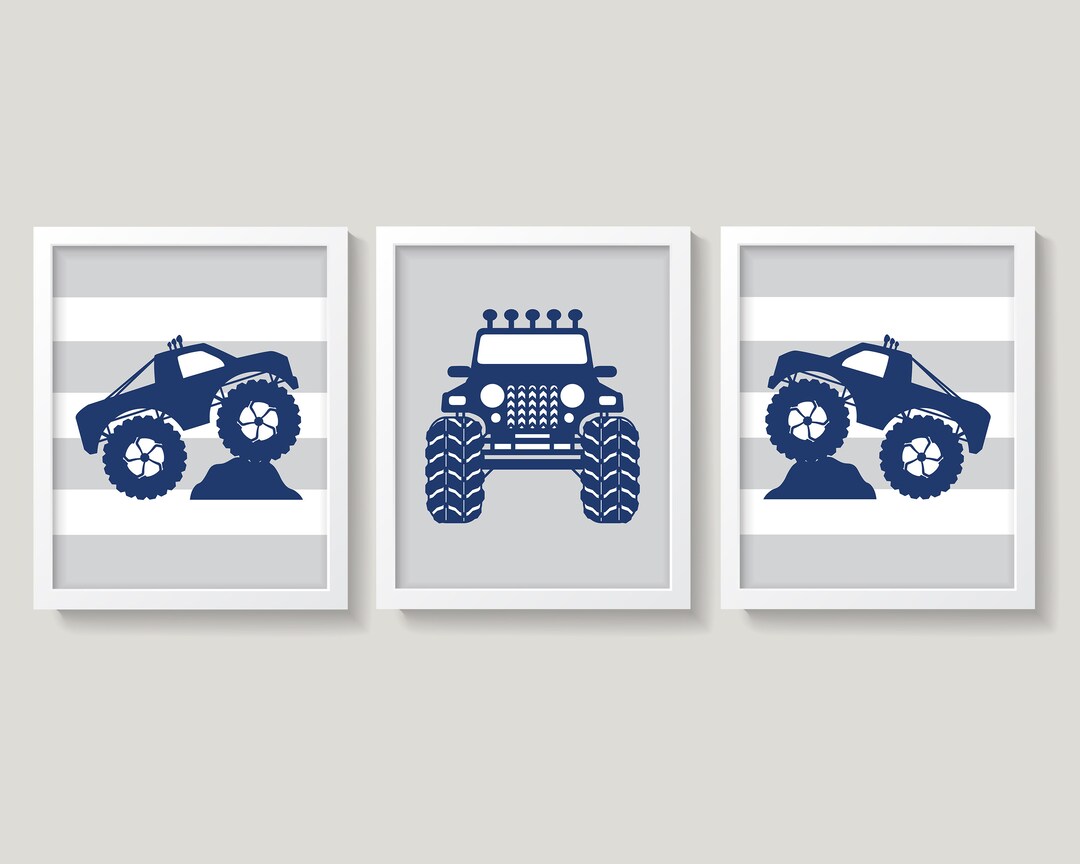 Monster Trucks Wall Art Trucks Wall Decor Navy and Gray Etsy