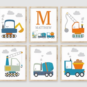 Construction Vehicle Nursery Wall Decor, Construction Truck Nursery Art, Construction Trucks Boy&#39;s Room Decor, Personalized Name Art Prints