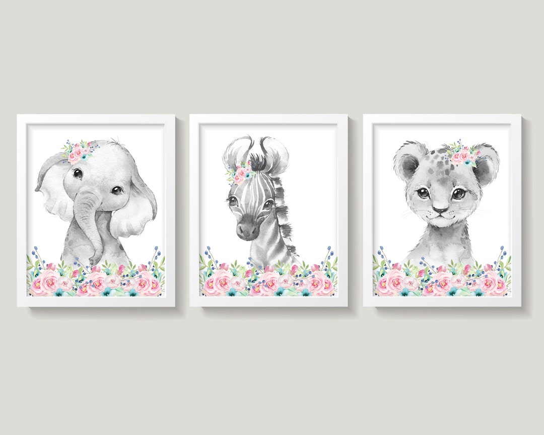 Baby Girl Safari Animals Nursery Wall Decor, Elephant Zebra Lion, Pink ...