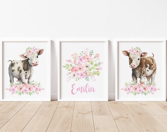 Cow Nursery Art, Cow Nursery Wall Decor, Baby Girl Nursery Decor, Pink Floral Nursery Decor, Farm Animal Art Prints, Personalized Baby Name