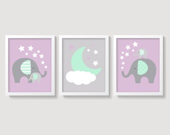Set of 3 Girl Elephants Nursery Wall Decor, Lilac and Mint Nursery Decor, Elephant Moon and Stars Nursery, Baby Girl Lavender Mint Wall Art