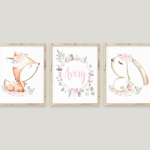 Boho Woodland Animals Nursery Wall Decor, Fox Wall Art, Bunny Wall Art, Baby Girl Nursery, Pink Blush Floral Boho, Personalized Baby Name