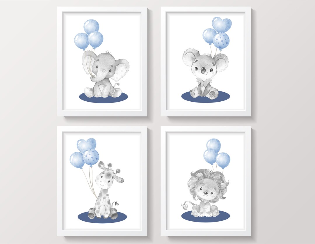 Baby Boy Nursery Art, Elephant Giraffe Lion Koala, Animals Nursery Wall ...