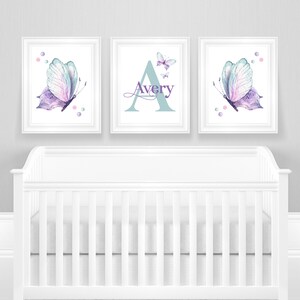Butterfly Nursery Wall Art, Butterflies Nursery Wall Decor, Purple and Mint Nursery, Baby Girl Nursery Wall Decor, Baby Name Wall Art image 2