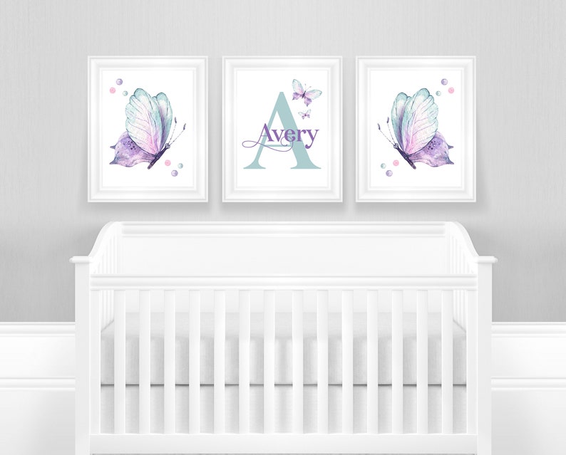 Butterfly Nursery Wall Art, Butterflies Nursery Wall Decor, Purple and Mint Nursery, Baby Girl Nursery Wall Decor, Baby Name Wall Art image 2