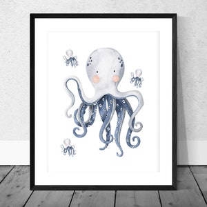 May include: A watercolor illustration of a blue and white octopus with smaller octopuses around it. The octopus has a white body with blue spots and blue tentacles with white spots. The smaller octopuses are all blue.