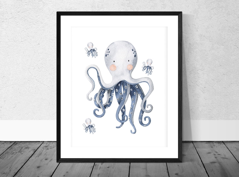 May include: A watercolor illustration of a blue and white octopus with smaller octopuses around it. The octopus has a white body with blue spots and blue tentacles with white spots. The smaller octopuses are all blue.