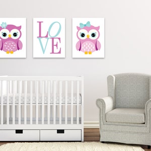 Set of 3 Owls Nursery Wall Art, Baby Girl Nursery Wall Decor, Purple Lavender Blue Nursery Wall Décor, Girls Love Owl Nursery Wall Art