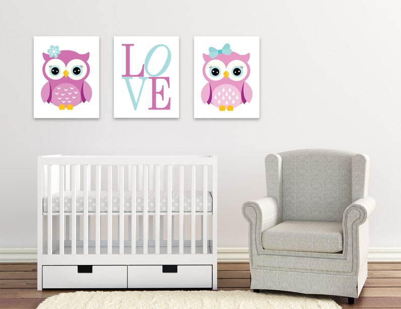 Set of 3 Owls Nursery Wall Art Baby Girl Nursery Wall Decor Etsy