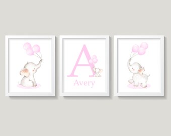 Baby Girl Nursery Art, Elephant Nursery Wall Decor, Pink and Gray Nursery Decor, Personalized Nursery, Elephants and Balloons Wall Decor