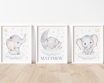 Elephant Nursery Wall Decor, Elephant Nursery Art, Moon and Stars Nursery Art, Gender Neutral Nursery, Boy Nursery Art, Baby Name Art Prints