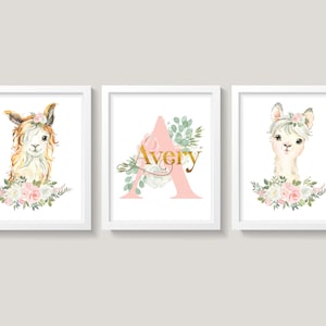 Llama Nursery Wall Decor, Boho Llamas Nursery Wall Art, Blush Pink and Gold Nursery, Baby Girl Floral Boho Nursery, Personalized Nursery Art