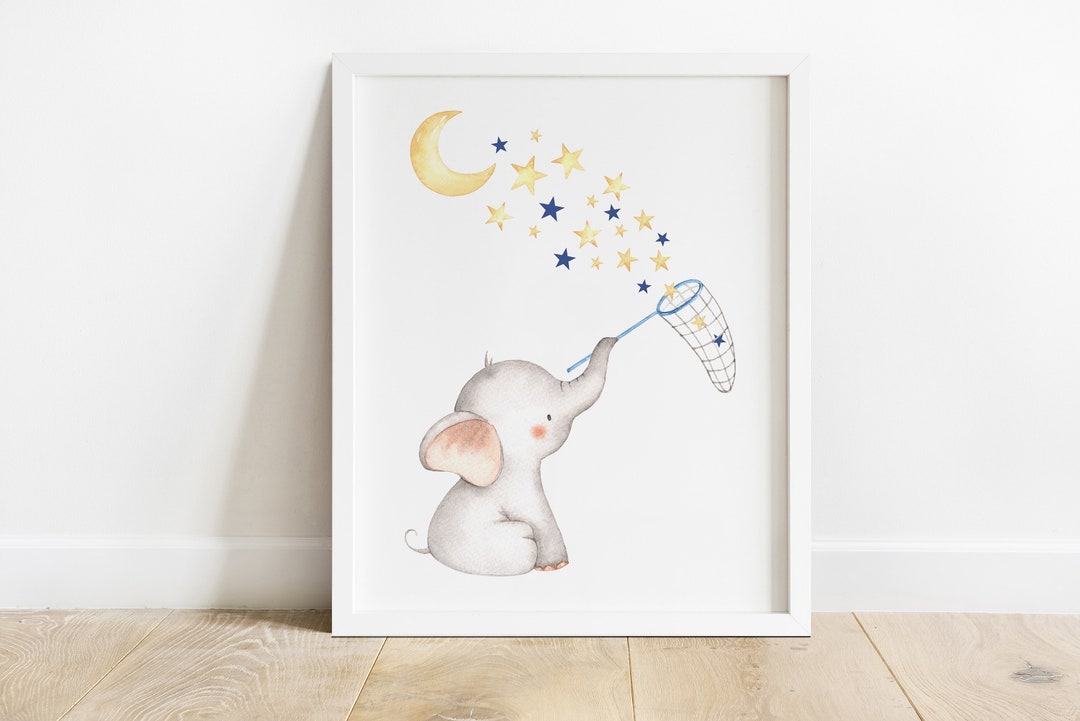 Baby Elephant Moon Stars Nursery Wall Decor, Boy Nursery Wall Art ...