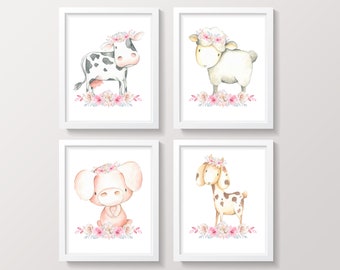 Farm Animals Nursery Wall Decor, Cow Pig Goat Sheep, Boho Farm Animals Wall Art, Baby Girl Pink Floral Boho Nursery, Set of 4 Nursery Prints