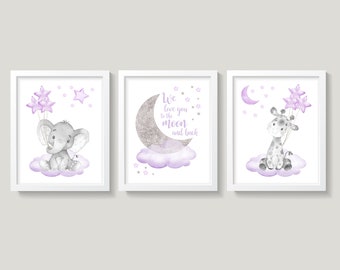 Elephant Giraffe Nursery Wall Decor, Baby Girl Nursery Art, Purple and Gray Nursery Decor, Clouds Stars, We Love You To The Moon And Back