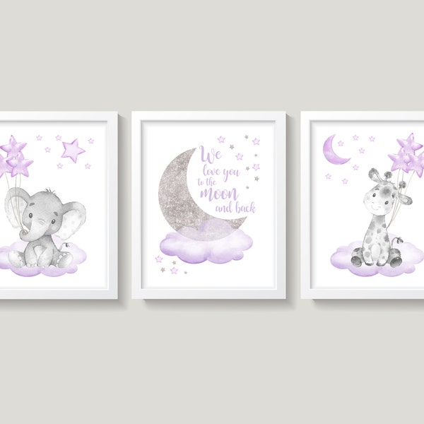 Elephant Giraffe Nursery Wall Decor, Baby Girl Nursery Art, Purple and Gray Nursery Decor, Clouds Stars, We Love You To The Moon And Back