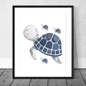 May include: A watercolor painting of a blue and white sea turtle with four smaller sea turtles swimming around it. The background is white.