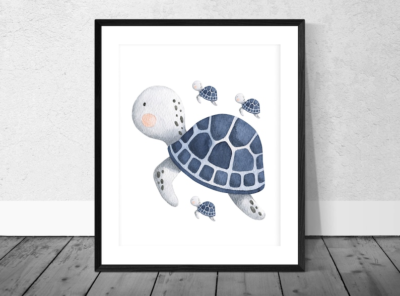 May include: A watercolor painting of a blue and white sea turtle with four smaller sea turtles swimming around it. The background is white.