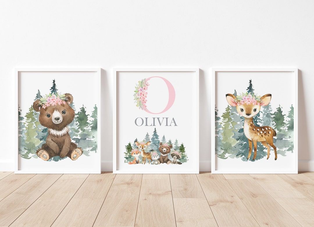 Woodland Nursery Wall Decor, Forest Animals Wall Art, Baby Girl Nursery ...