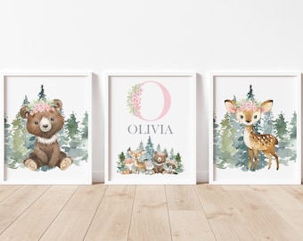 Decoración de pared para guardería con temática de bosque, arte de pared con animales del bosque, decoración de guardería para niña, decoración de guardería con flores rosas, impresiones artísticas con nombres de bebé personalizados
