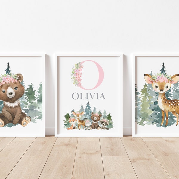 Woodland Nursery Wall Decor, Forest Animals Wall Art, Baby Girl Nursery Decor, Pink Floral Nursery Decor, Personalized Baby Name Art Prints