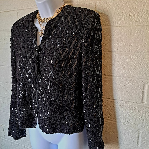 Vintage Black Sequin Zip Up Cardigan - image 2