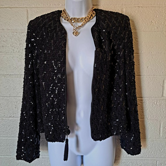 Vintage Black Sequin Zip Up Cardigan - image 4