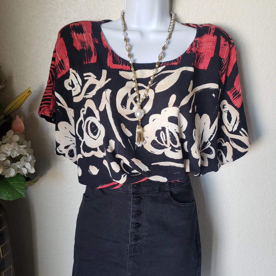 80s Vintage Sharon Anthony Black and Red Floral Pull-over Blouse - Etsy