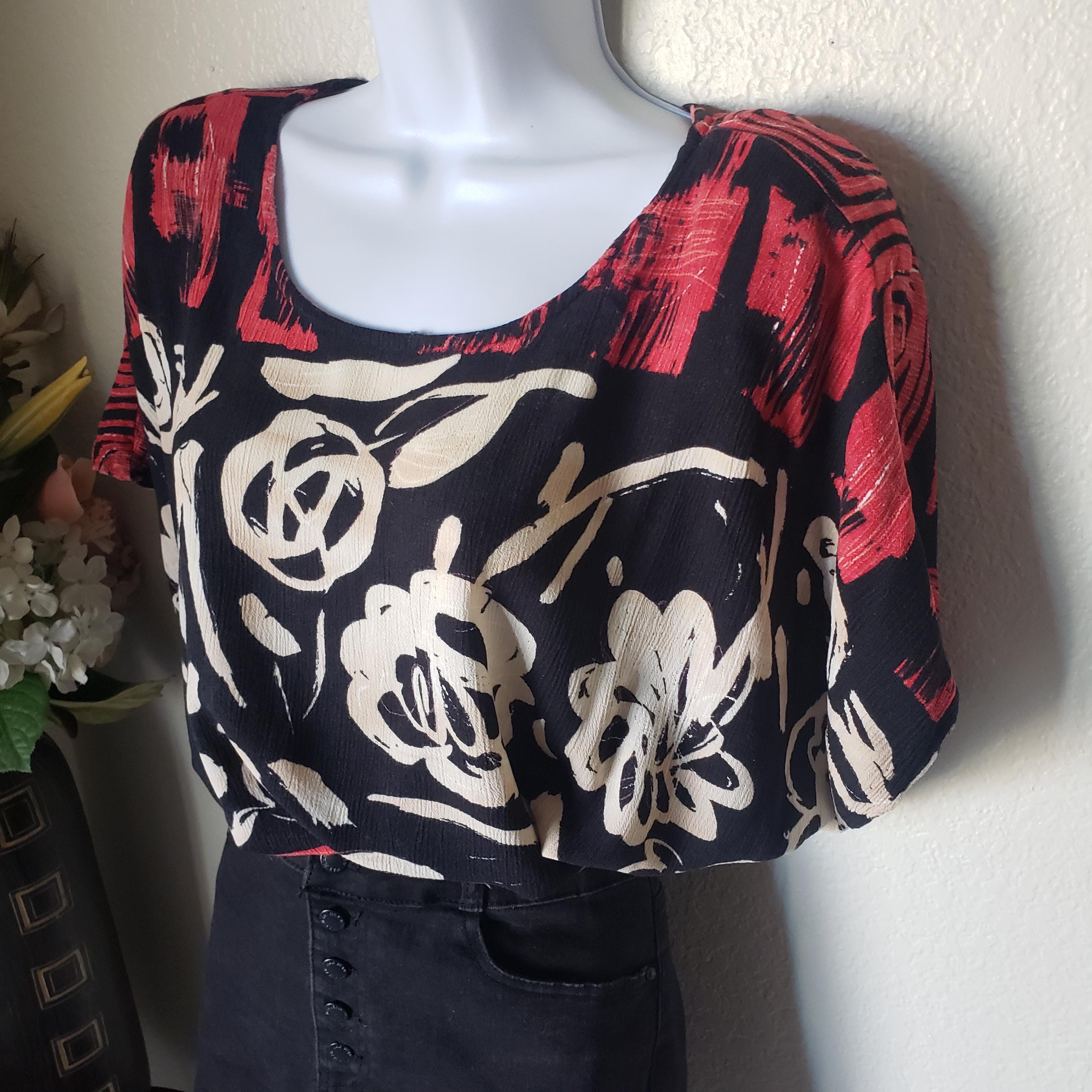 80s Vintage Sharon Anthony Black and Red Floral Pull-over Blouse - Etsy