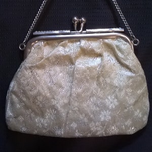 Vintage Gold/Silver Brocade Evening Bag, Metal Clasp, Rows of Faux Pearls and Chain Strap