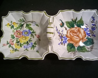 Vintage Italian Hand Painted Ceramic Divided Handled Serving Dish/Tray