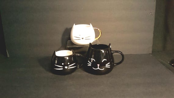 Entzückende Keramik Weiß / Gold & Schwarz / Weiß Katze oder Kitty Kaffee oder Tee Tassen