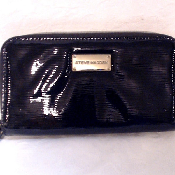 Womens Large Double Zip Multi Compartment Black Gold Ladies Wallet Clutch Steve Madden