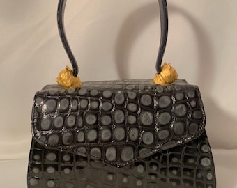 Vintage Black Leather Style w/ Gold Lion Hardware Top Handle Purse