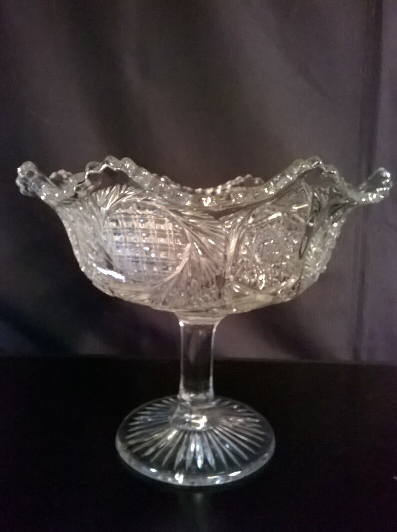 Vintage Stunning Ruffled Pressed Glass Large Pedestal Compote Etsy