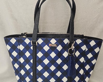 Ladies Kate Spade Blue White Harmony Gingham Checked Handbag Womens Tote Purse