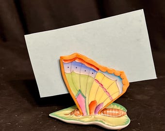 Vintage Bright & Bold Whimsical Butterfly on a Leaf Place Card Holder, Made in Hungary