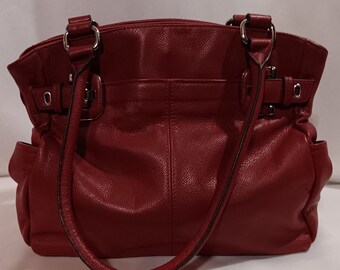 Tignanello Genuine Pebbled Leather Handbag Dark Red Nine Pocket Purse