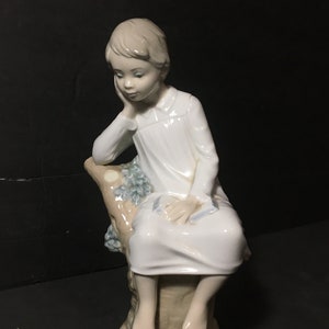 Vintage Lladro Porcelain Young Boy Puts His Book Down While Dreaming on a Tree Stump #4876