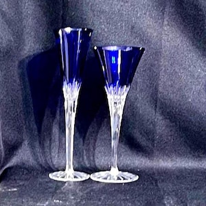 Vintage Exquisite Ajka Crystal Royal Blue Clear To Cut Wine/Champange Flutes, Made in Hungary