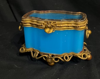 Antique French Opaline Box Jewelry Casket Blue French Glass Bronze
