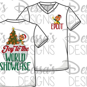 May include: White V-neck t-shirt featuring a cartoon orange bird wearing a Santa hat, with the word "EPCOT" in red. The back of the shirt has a Christmas tree design and the text "Joy to the World Showcase".