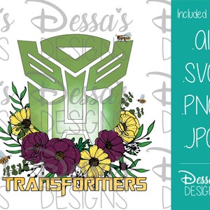 May include: Green Transformers logo with a floral design. The logo is surrounded by yellow, purple, and white flowers. The text "TRANSFORMERS" is in gold letters below the logo.
