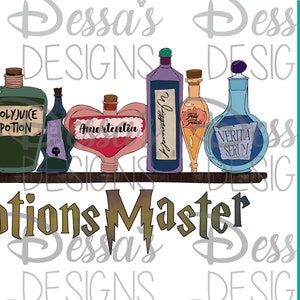 May include: A digital illustration of seven potion bottles with labels, including "Polyjuice Potion", "Amortentia", "Wiggenweld", "Felix Felicis", and "Veritaserum", on a wooden shelf with the text "Potions Master" in gold lettering.