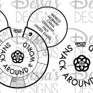 May include: Black and white illustration of the Epcot World Showcase with the text "Snack Around the World" and "Epcot Center" in the center. The illustration shows the different countries represented in the World Showcase, including Canada, United Kingdom, France, Morocco, Japan, Mexico, Norway, China, Germany, Italy, and the United States.