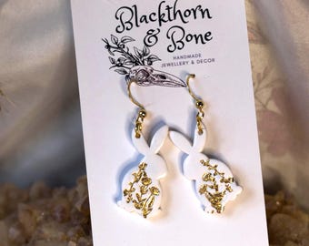 Folk Floral Hare Earrings - handmade rabbit jewellery, polymer clay hare jewellery with gold botanical details