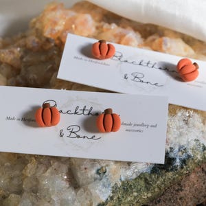 Op de afbeelding: Oranje pompoenvormige oorstekers met bruine stelen, gepresenteerd op witte kaarten. De kaarten hebben de tekst "Blackthorn & Bone" en "Made in Hertfordshire". De oorbellen staan tegen een getextureerde, lichtgeleurde achtergrond.